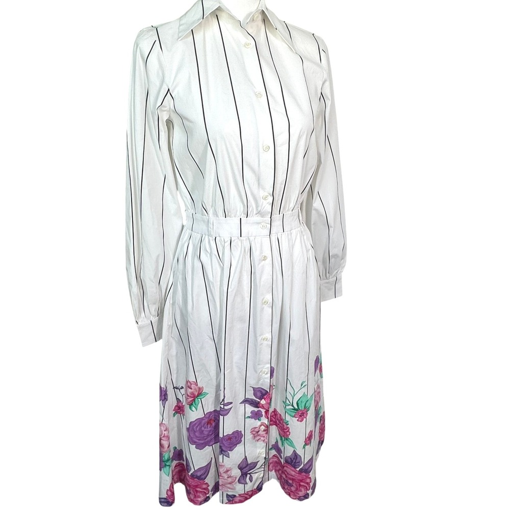 GENTILE CATONE Size 40 US 4 Italy Striped White Floral 100% Cotton Shirt Dress‎